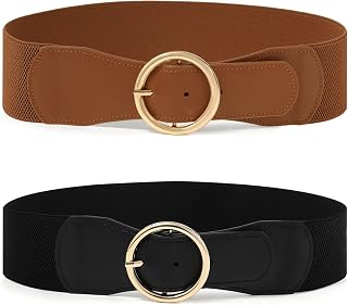 Women Wide Stretchy Waist Belt - 2 Pack Womens Elastic Belts Vintage Wide Cinch Belt for Dress