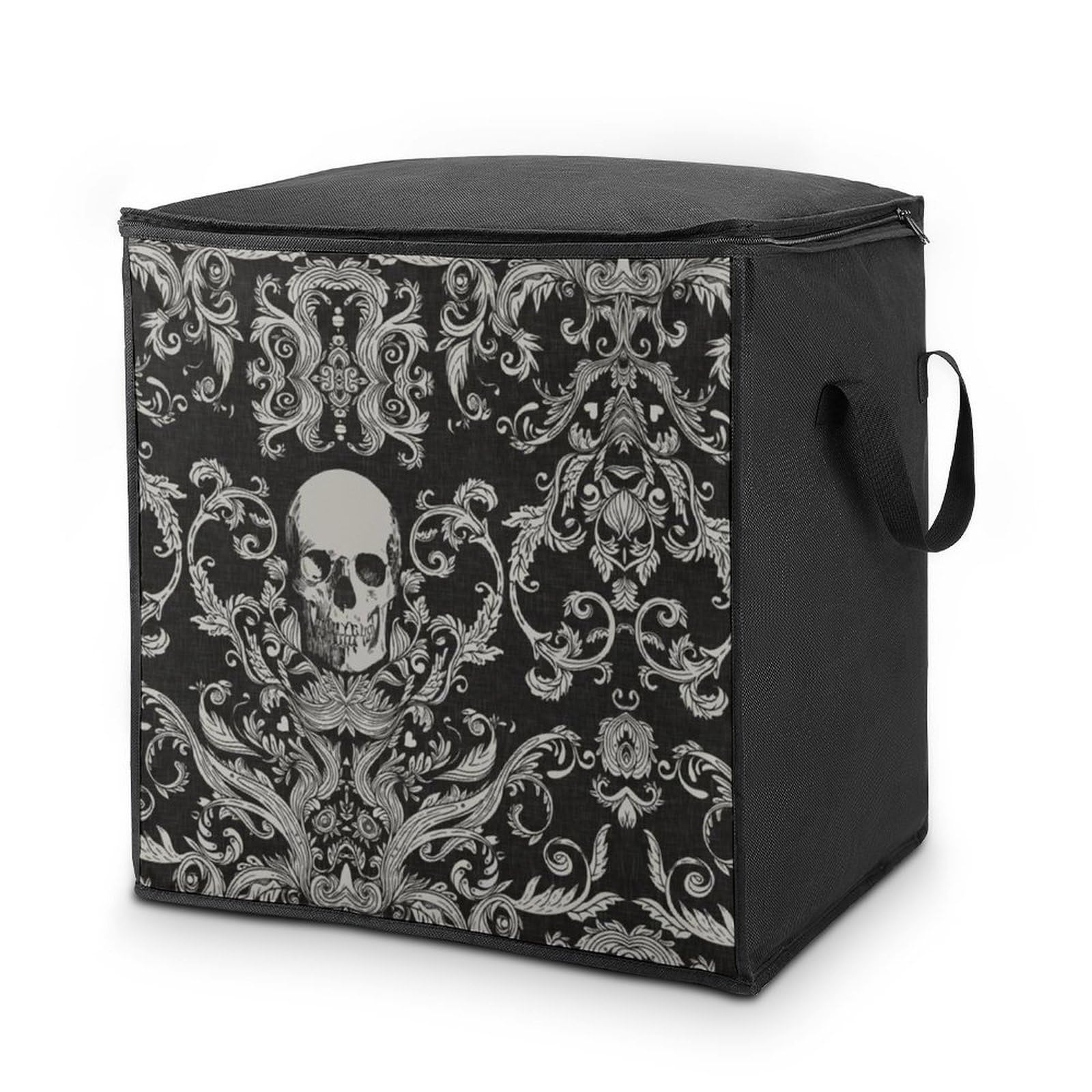Lyfthologen 70L Storage Bags, Black Skull Storage Box with Lid Zipper And Handles, Clothes Bags for Quilt, Blankets, Bedding