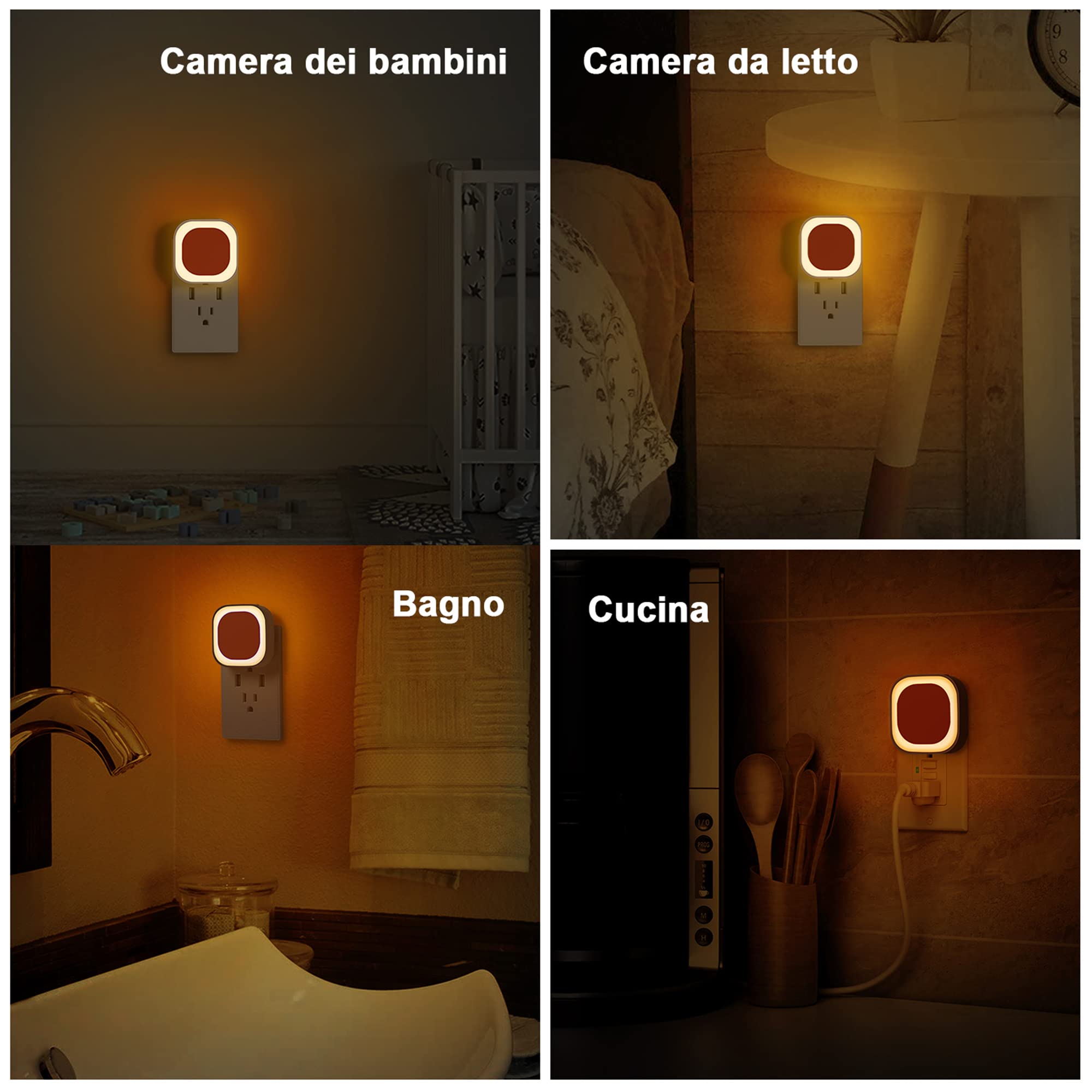YUNLEX Presa di Luce Notturna con Sensore Crepuscolare, 3 livelli di luminosità regolabile per Camera dei Bambini, Bagno, Corridoio, Cucina, Scale, Ambra