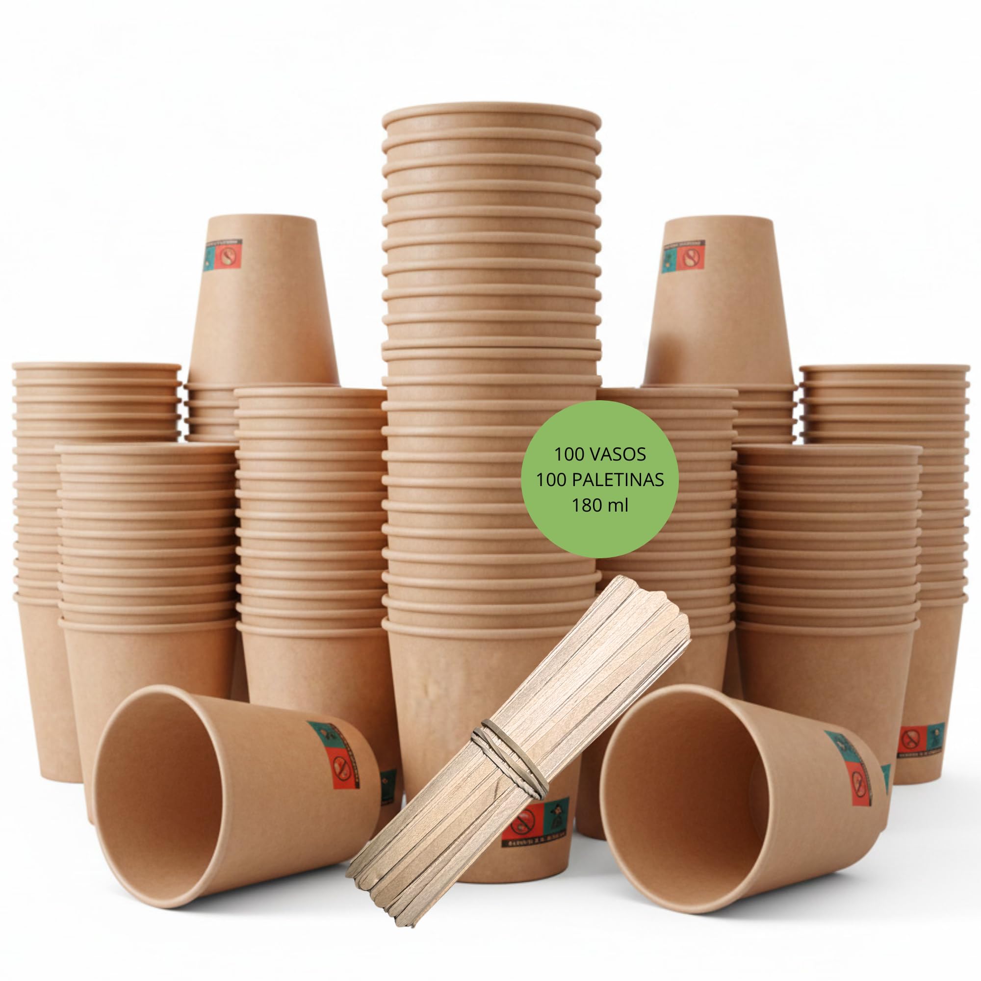 Vasos Cafe de 120 ml – 100 Unidades y 100 Paletinas Cafe Desechables de Madera con Funda, Vasos Desechables para Espresso, Degustaciones y Oficina – Vasos Carton Kraft – Pack Completo — view 12