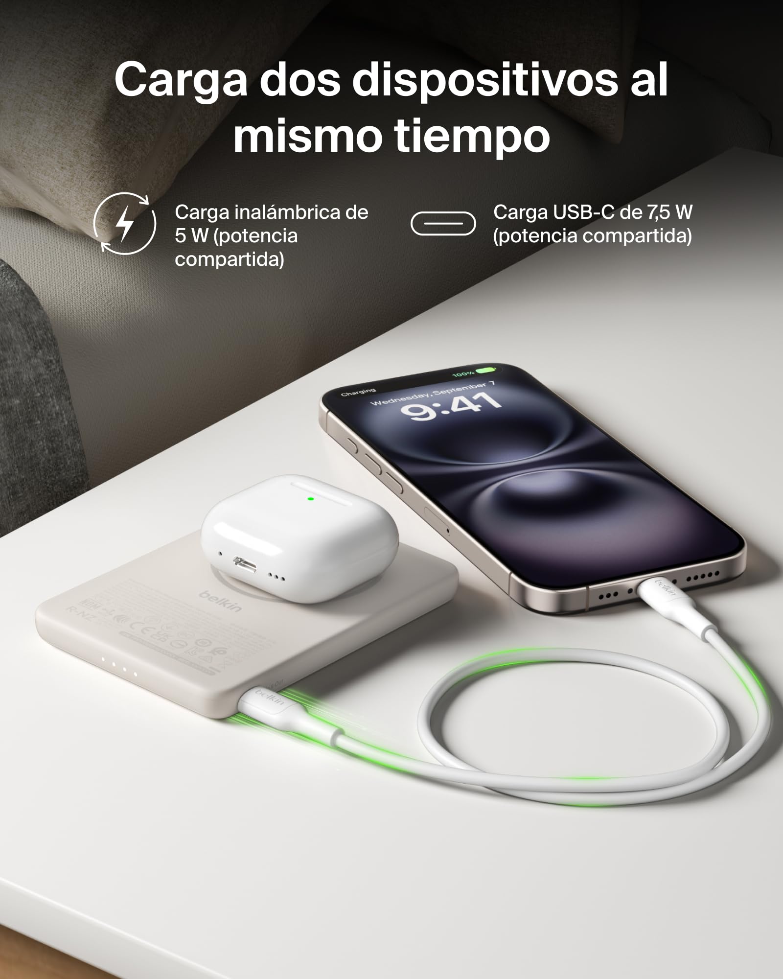 Belkin BoostCharge Batería Externa 5000 mAh con Anillo Magnético - Arena | Power Bank de 5000 mAh, Anillo Magnético, 1 Puerto USB-C, Cable Incluido, Autorizada como Equipaje de Mano, Batería Portátil