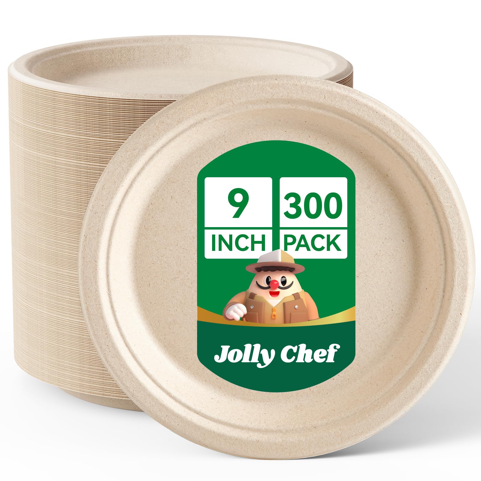 JOLLY CHEF Biodegradable Paper Plates 9 Inch [300 Pack] Compostable Heavy Duty Sugarcane Plates, Disposable Bagasse Paper Plates Bulk for Party Dinner (Natural)