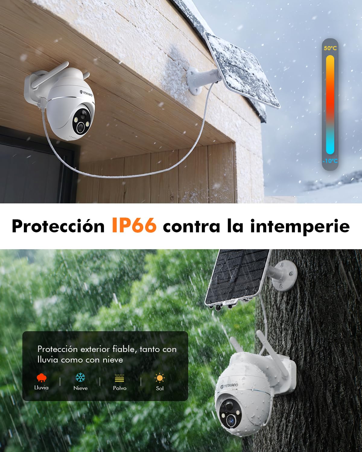 YESKANO Camara Vigilancia WiFi Exterior Solar 2K sin Cables, Panel Solar con Batería, 360° PTZ, Visión Nocturna Color, Detección PIR, Audio Bidireccional, IP66, sin Suscripción (Blanco)