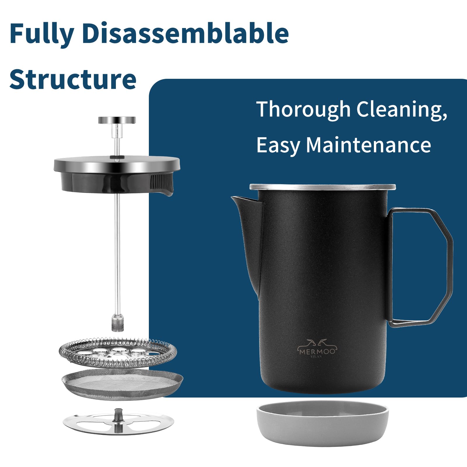 MERMOO YILAN French Press - Cafetera manual de 1000 ml para 4-6 tazas, mango plegable, prensa de café aislada portátil para camping, viajes, uso doméstico (plata)