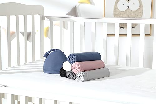 Miniatura 50 de iEvolve Juego de manta de algodón de punto para bebé con gorro y diadema para recién nacido, mantas de recepción para bebé, niña y niño, 35 x 35