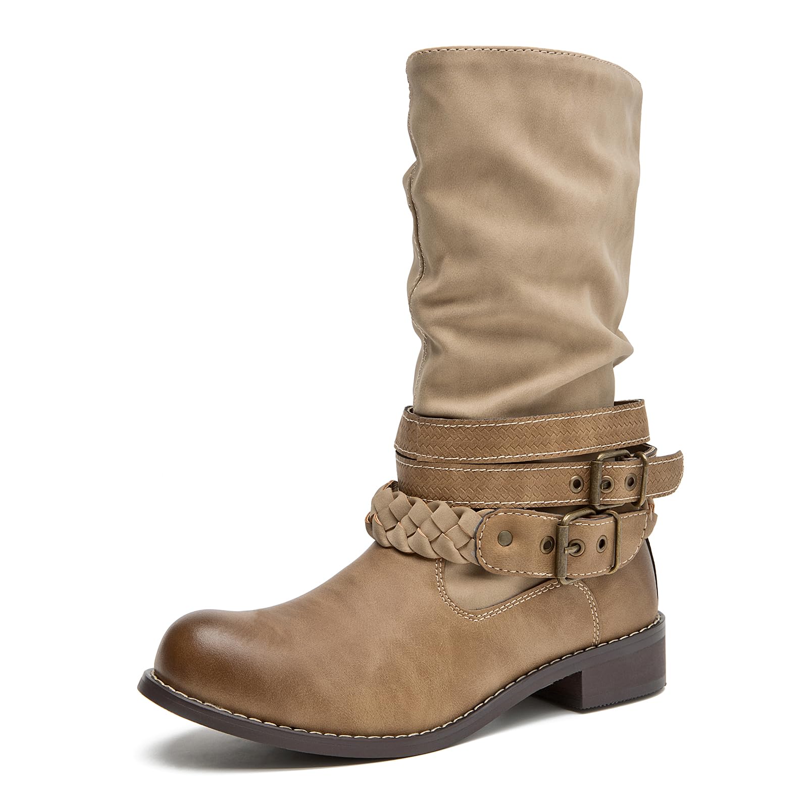 SelRoys Womens Mid-calf Motorcycle Riding Boots with Buckle Straps Pull-on Low Block Heel Round Toe Slouchy Boots