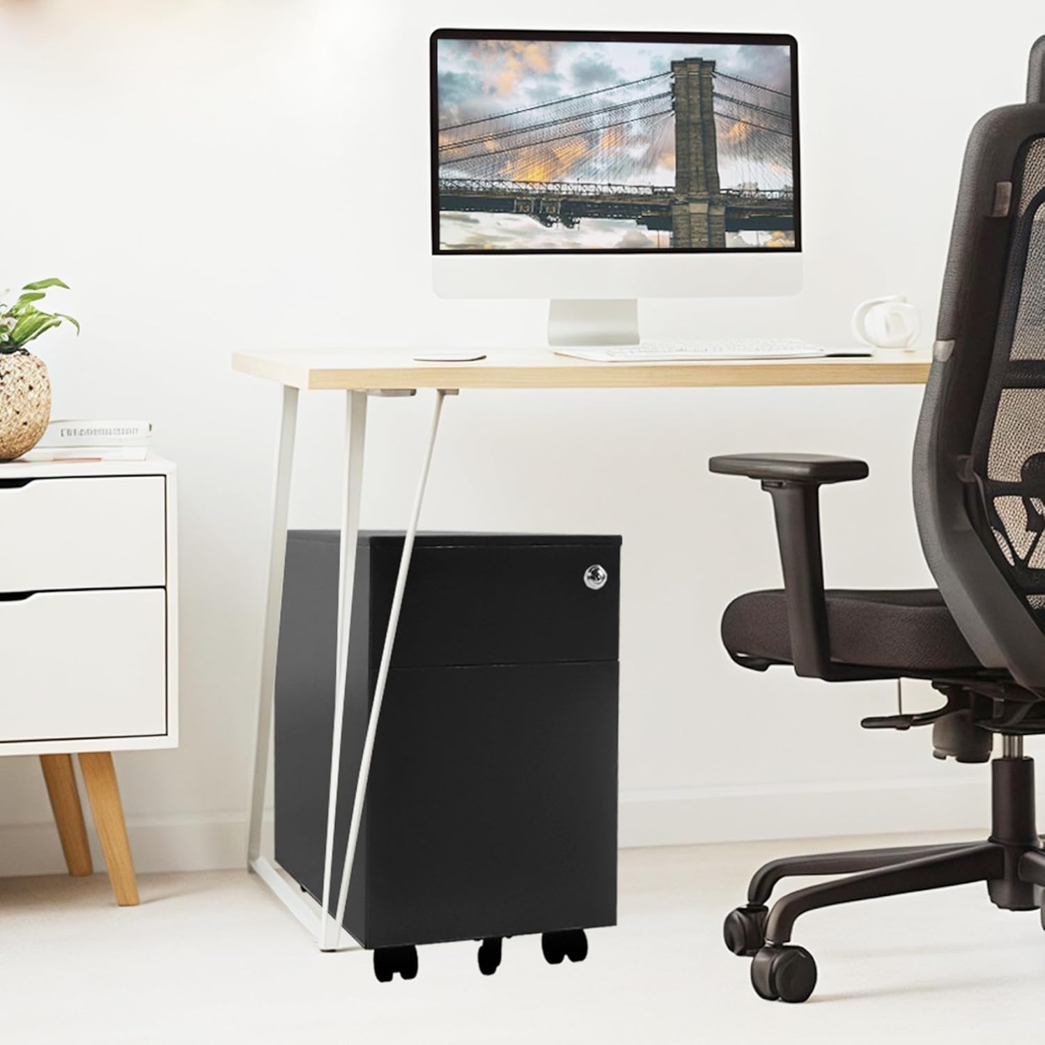 Fromann 2 Drawer Office Metal Mobile File Cabinets with Lock Small Under Desk Wheels Filing Cabinets Black