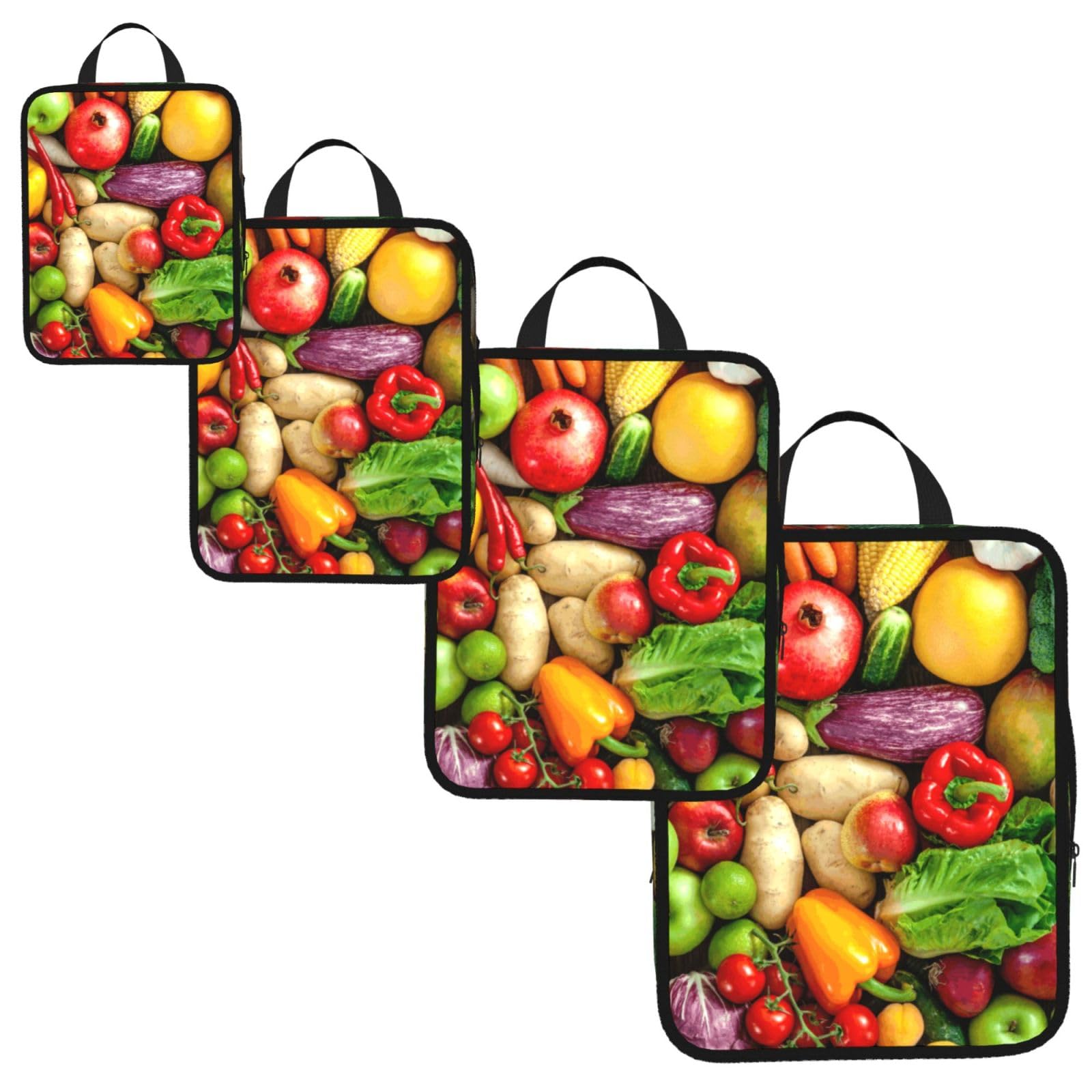 Fresh Fruits and Vegetables Print 4 Set Compression Packing Cubes for Suitcases,Expandable Storage Bag Organizers