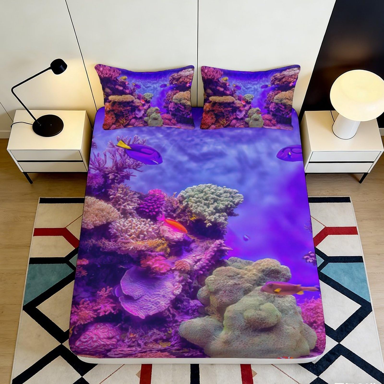 3D Printed Coral Reef Fitted Sheet Microfiber Soft Ocean Fish Bed Cover for Bedroom Guest Room Decor Protection 90x200x25cm
