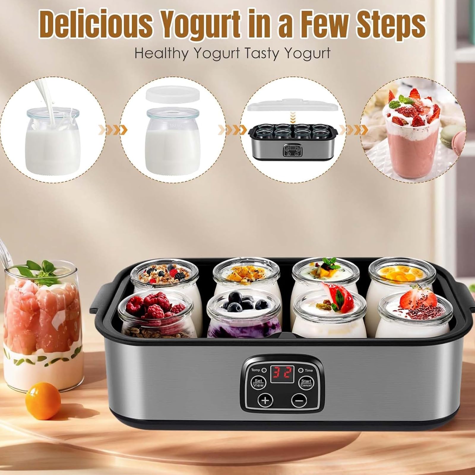 Yogurtiera 1400 ml con 8 vasetti di vetro, macchina per yogurt in acciaio inossidabile con display a LED, controllo del tempo e della temperatura regolabili, per dessert biologici fatti in casa