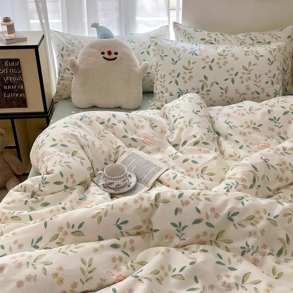 Nayoroom Bettwäsche 140x200 Weiß Grün Blätter Blumen Muster Bettwäsche-Sets mit Reißverschluss 2tlg Microfaser Botanisch Wende Bettbezug 140 x 200 und 1 Kissenbezug 70x90 cm
