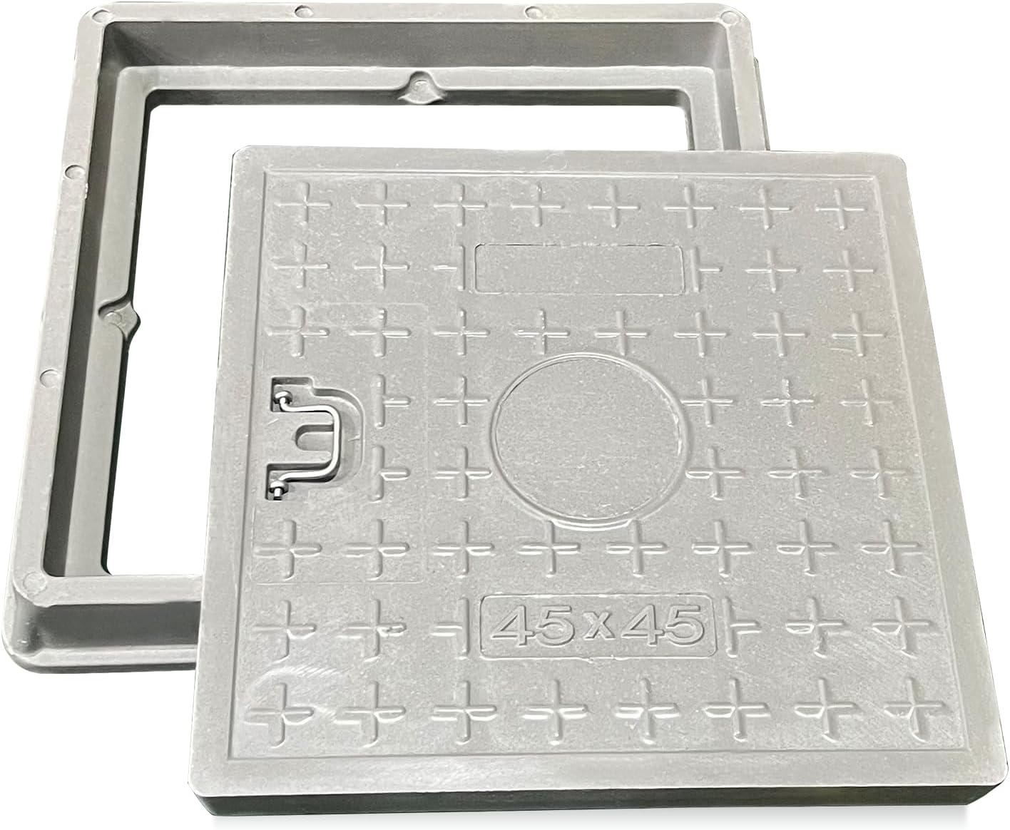 Fiberglass Manhole Cover and Frame 18x18in, Clear Opening Size 14x14in, Square Solid Top Cover Size 16x16in,Reinforced Steel Septic Tank Lid and Base W/Handle,Embedded Decorated Sewer Cover Cover Size 16x16,Frame Size 18x18in Gray