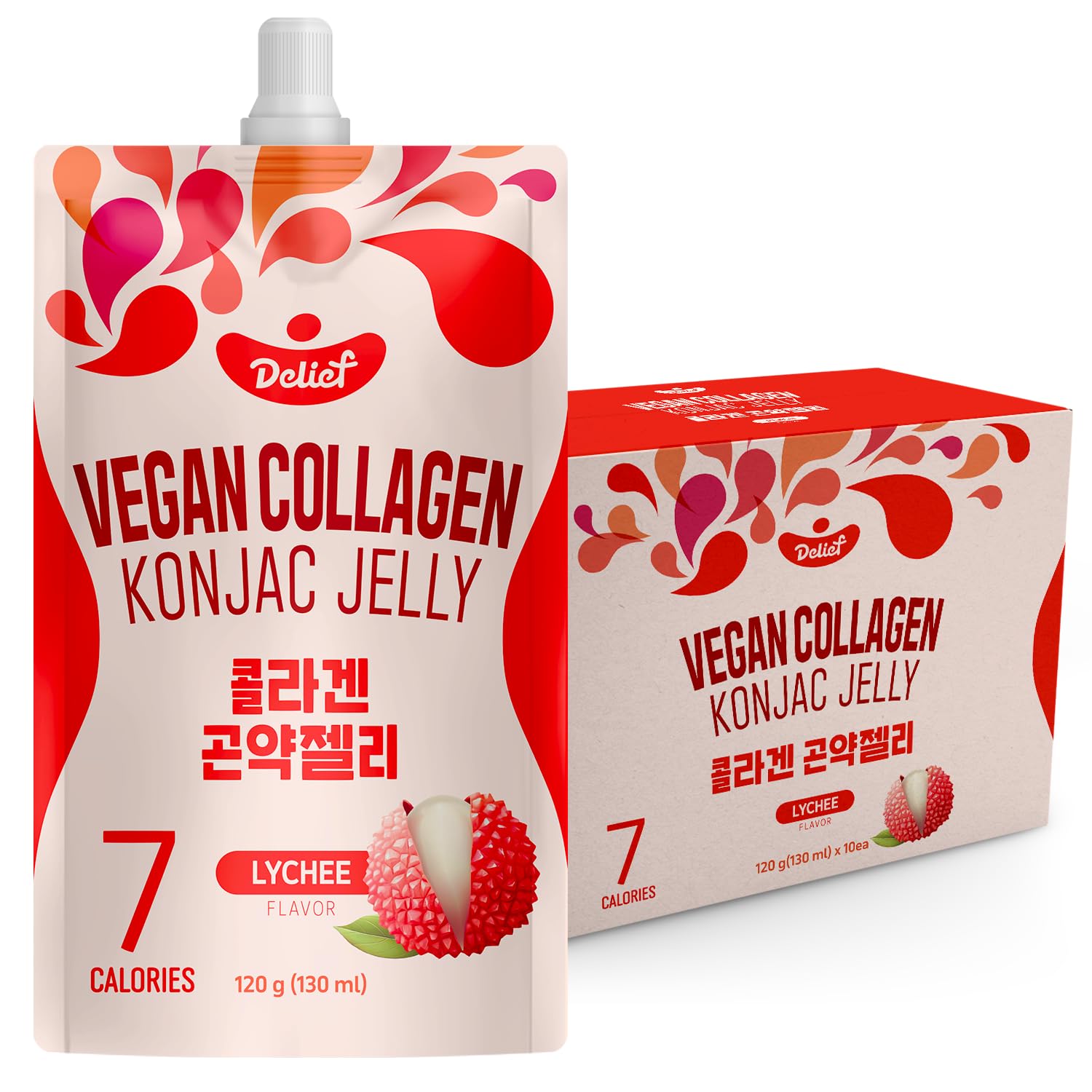 Vegan Collagen Konjac Jelly (Lychee Flavor) 120g x 10 Packs  Low-Calorie Fruit Gel Snack, Gluten-Free, Plant-Based, 7 kcal per Pouch