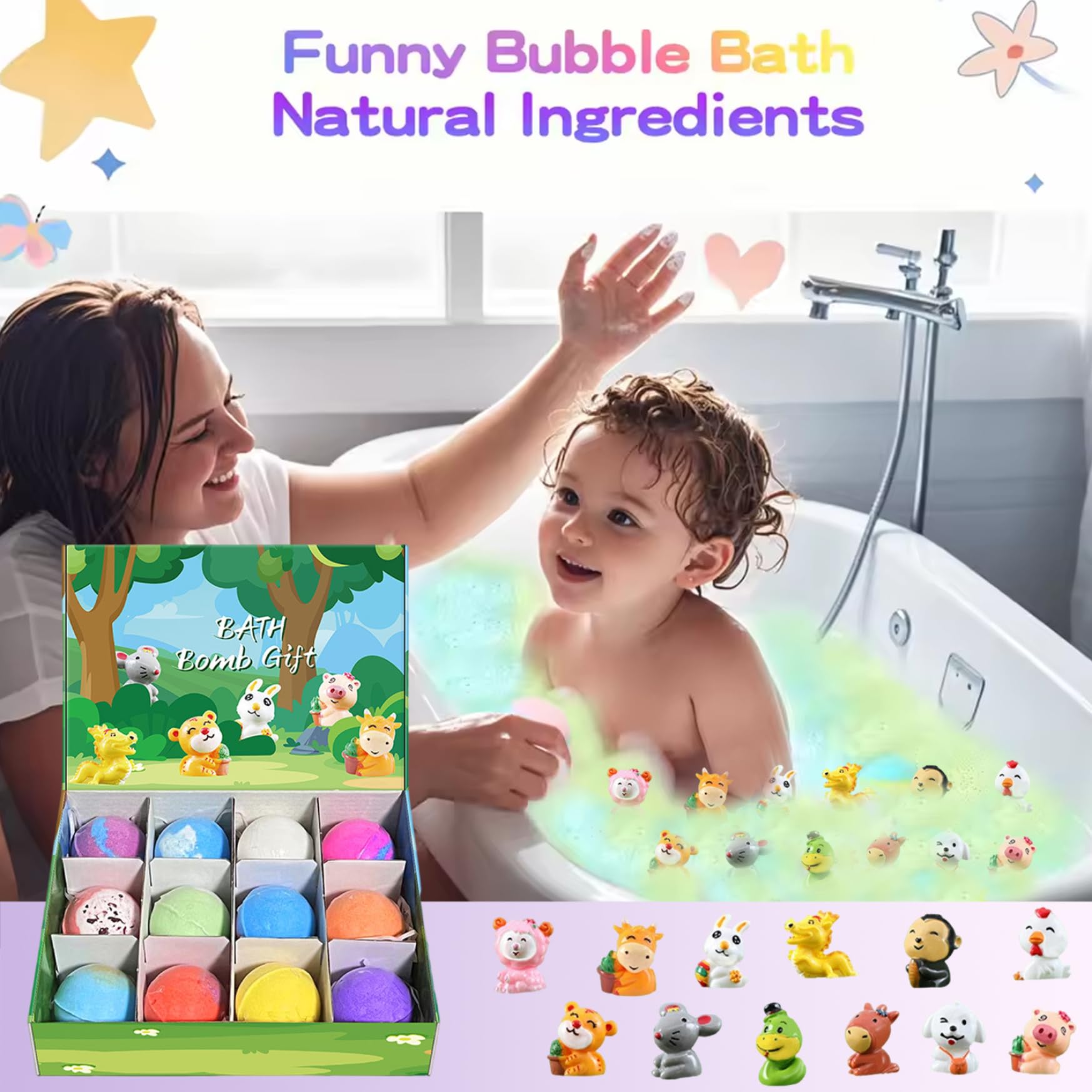 12 Unids/Set Bombas de Baño con Juguetes en el Interior Bombas de Baño de 2 Pulgadas con Lindos Juguetes de Animales, Suministros de de Burbujas Coloridas y Gaseosas Seguras para Niños para Opci