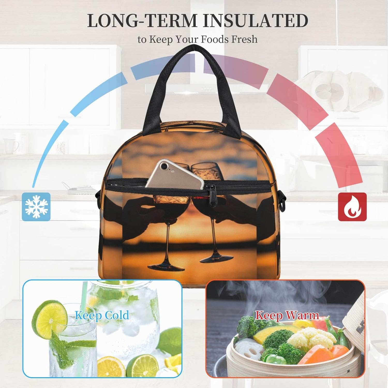 Red Wine Glass Cheers Print Reusable Lunch Bag Insulated Lunch Boxes for Office Work Picnic Tote Bag Adjustable