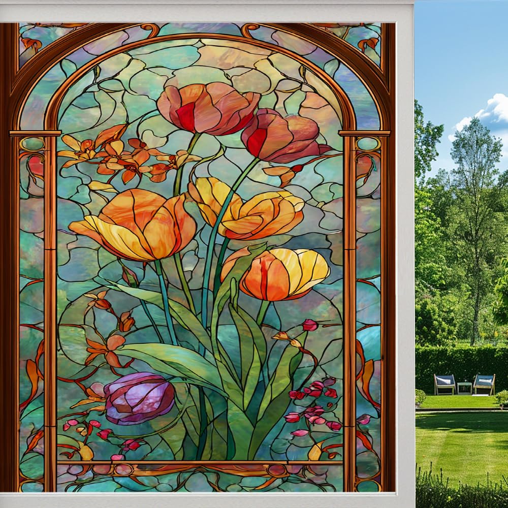Colorful Spring Tulips Stained Glass Window Film, Dreamy Flowers Texture Peel and Stick Privacy Film, Frosted Adhesive Vinyl Decorative for Bathroom Windows Glass Doors, （45x60cm）