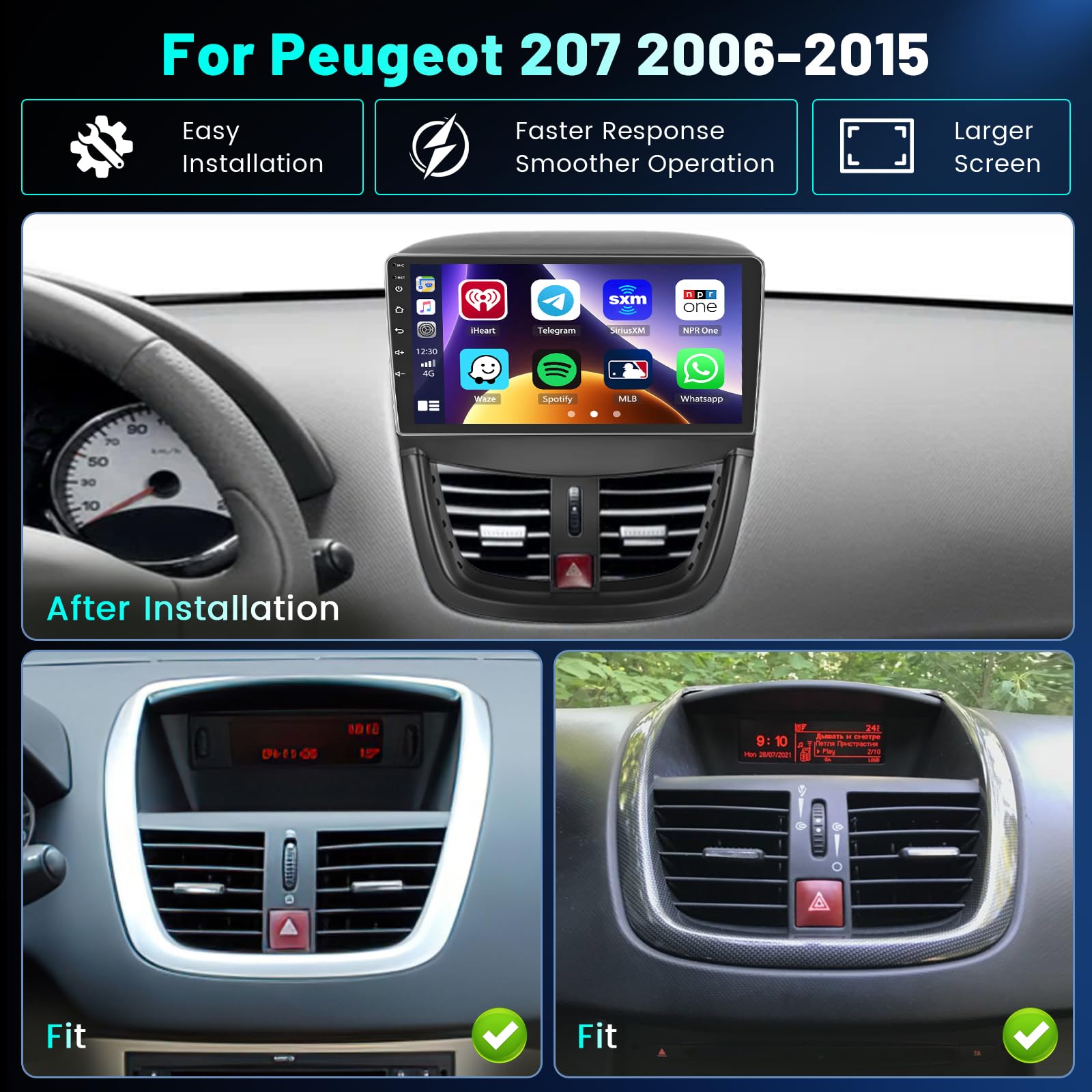 Hikity 4+64G 9" Autoradio Android 15 pour Peugeot 207 2006-2015 | Wireless Carplay Autoradio 2 DIN GPS Navi Bluetooth WiFi FM/RDS Caméra de Recul EQ Commandes au Volant 4+64G
