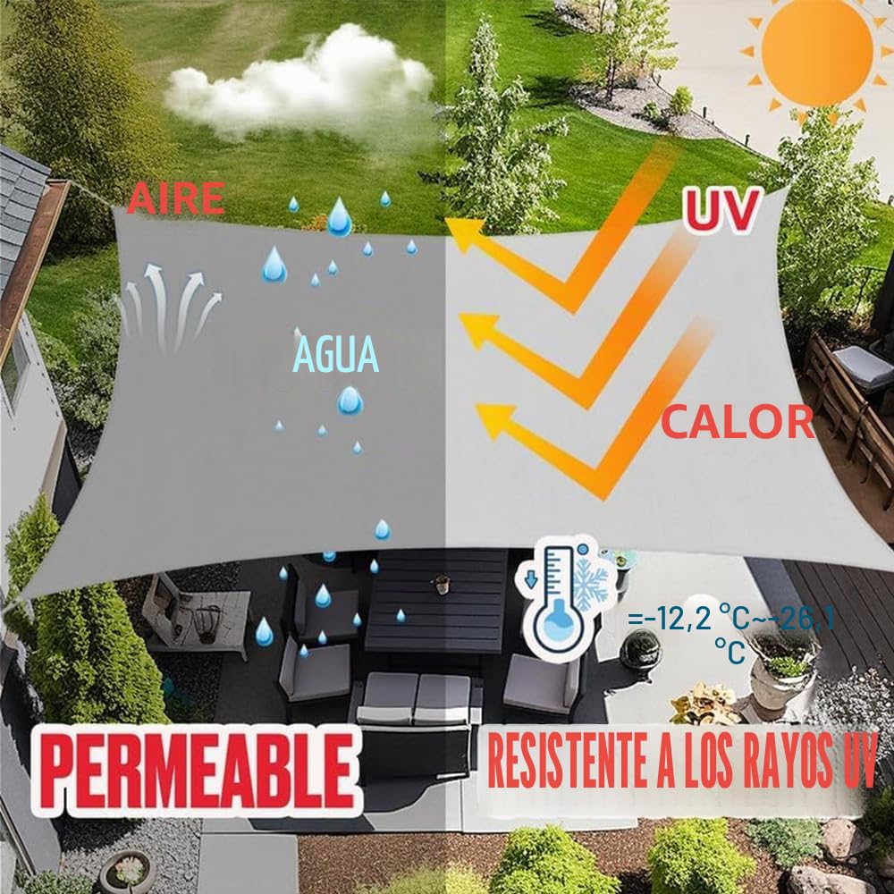 Toldo rectangular de 3 x 4 m, resistente al agua con ojales, impermeable, rectangular, resistente al agua, con juego de fijación para toldo, protección UV 98%, para jardín, terraza, camping