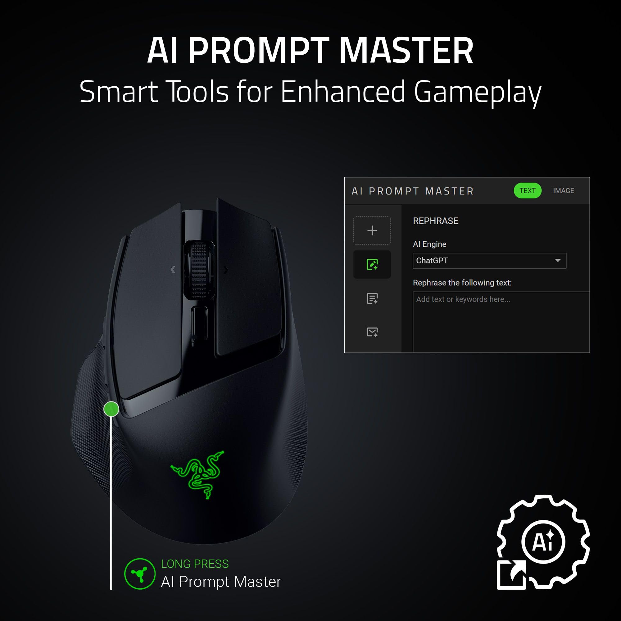 Razer Basilisk Mobile - Petite souris de jeu sans fil ergonomique et portable - AI Prompt Master - Focus X 18K Sensor (Connectivité Tri-Mode, jusqu'à 105 heures, Mouse Switches Gen-3) Noir