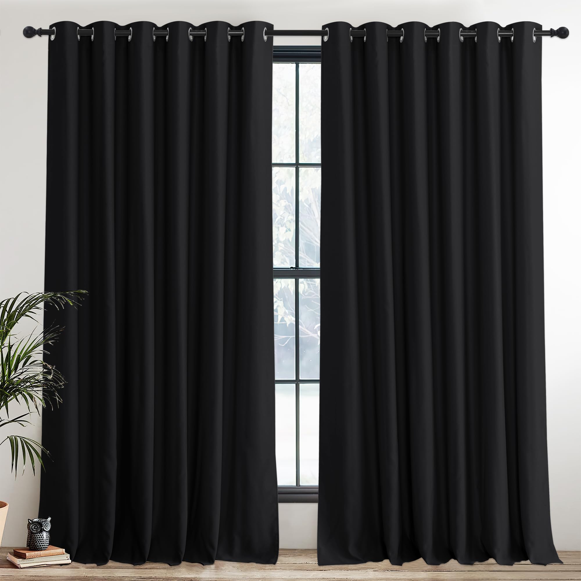 PONY DANCE Blackout Black Curtains for Bedroom - Thermal Insulated Curtains with Eyelet 2 Panels, 90 Inch Width x 90 Inch Drop Noise Reducing Energy Saving Drapes for Living Room/Hotel