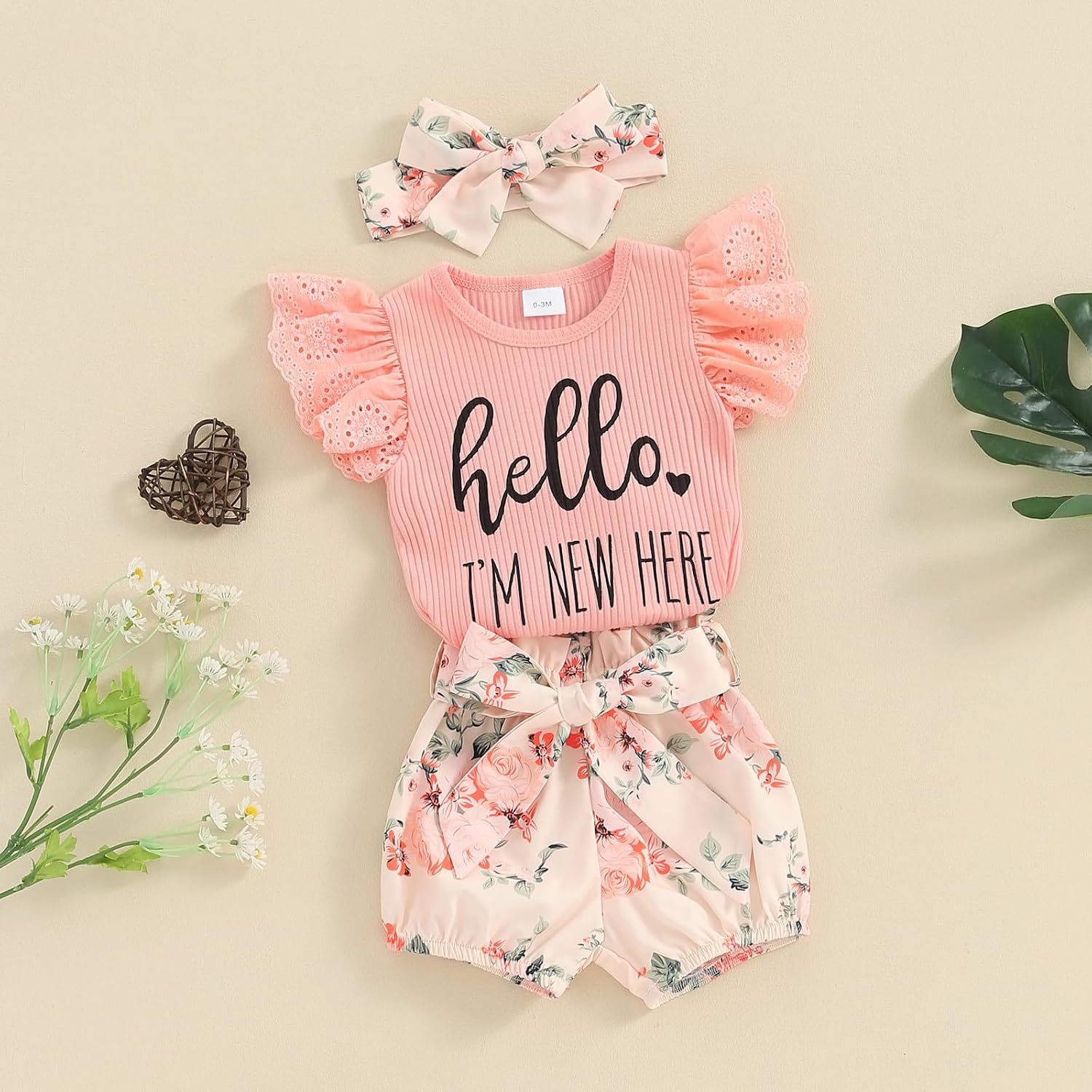 Hello World Newborn Outfit Baby Girl Going Home Outfit Ruffle Ribbed Romper Top Floral Pants Set Cute Summer Clothes
