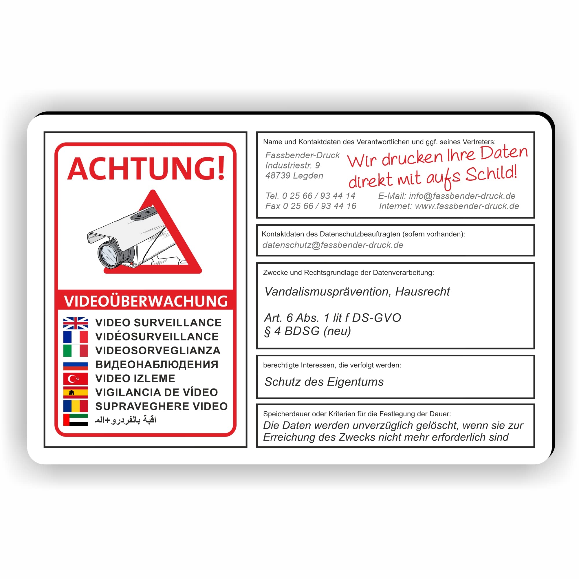 VIDEOÜBERWACHT DSGVO (BDSG) konform personalisiertes Schild zum Markieren eines videoüberwachten Bereiches - Videoüberwachungsschild mit Wunschtext (75x50cm SCHILD)