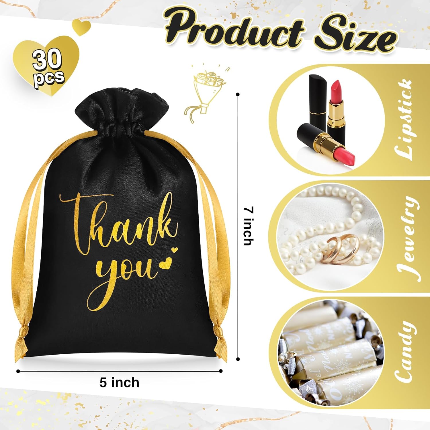 PerKoop 30 Pcs Thank You Wedding Satin Gift Bags 5 x 7 Inches Wedding Drawstring Jewelry Pouches Small Candy Bags for Valentine's Day Guest Birthday Baby Shower Party Favors(Black) - Image 3