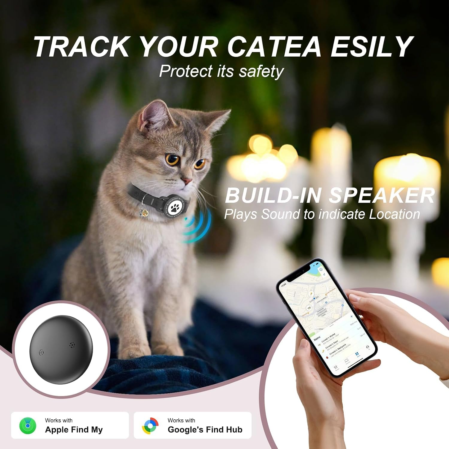 GPS Cat Tracker Collar (iOS & Android), No Month Fee Pet GPS Tracker Black image 2