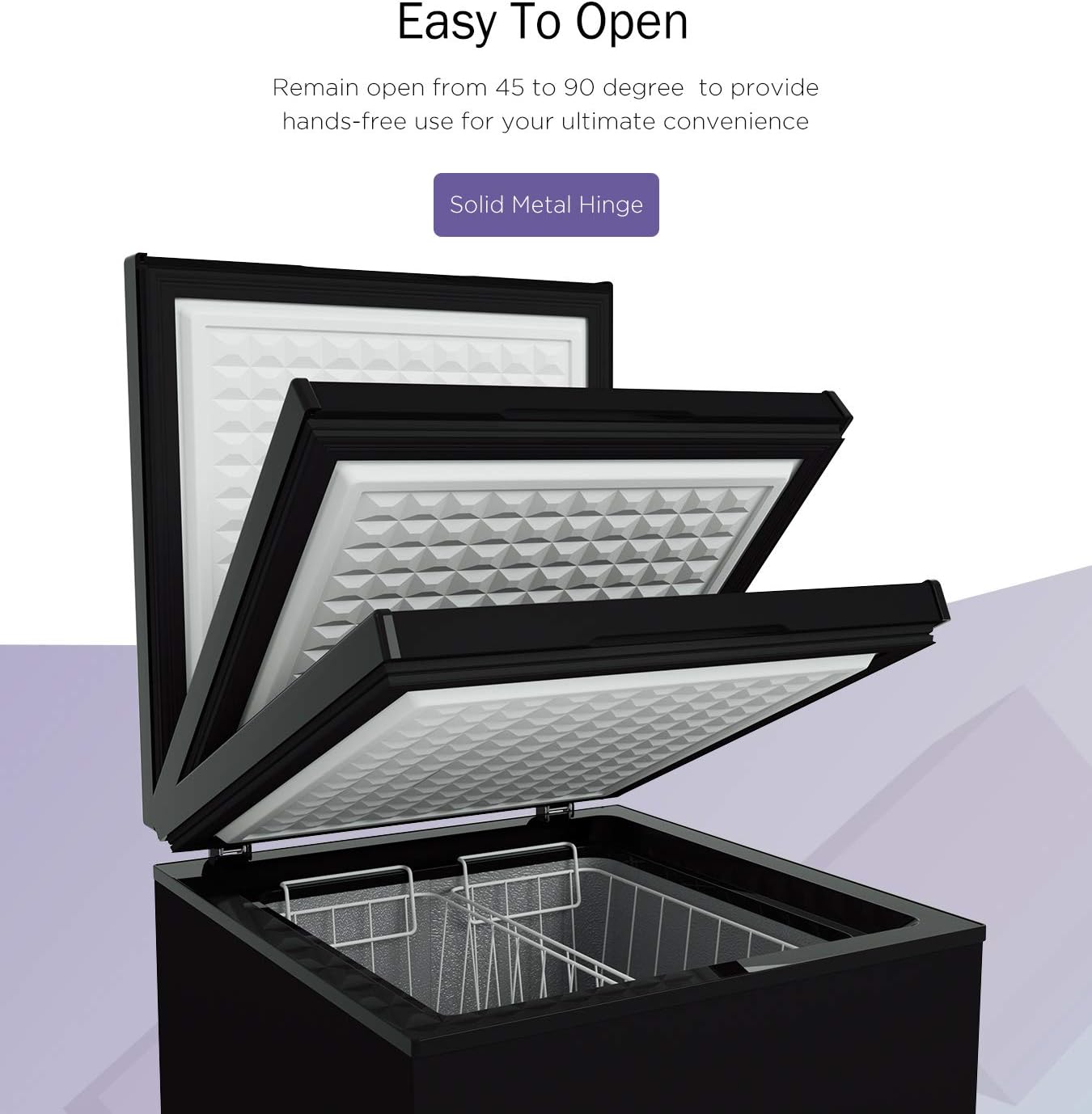 Northair Chest Freezer lid shown opening to 45 and 90 degrees, highlighting solid metal hinges.