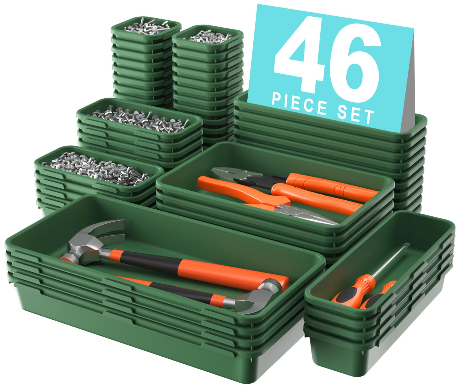 A-LuGei 【𝟰𝟲𝗣𝗖𝗦 & 5 Size】 Tool Box Organizer Tray Divider Set,【Army Green】 Desk Drawer Organizer,Garage Organization and Storage Toolbox Accessories Rolling Tool Chest Cart WorkBench Small Part