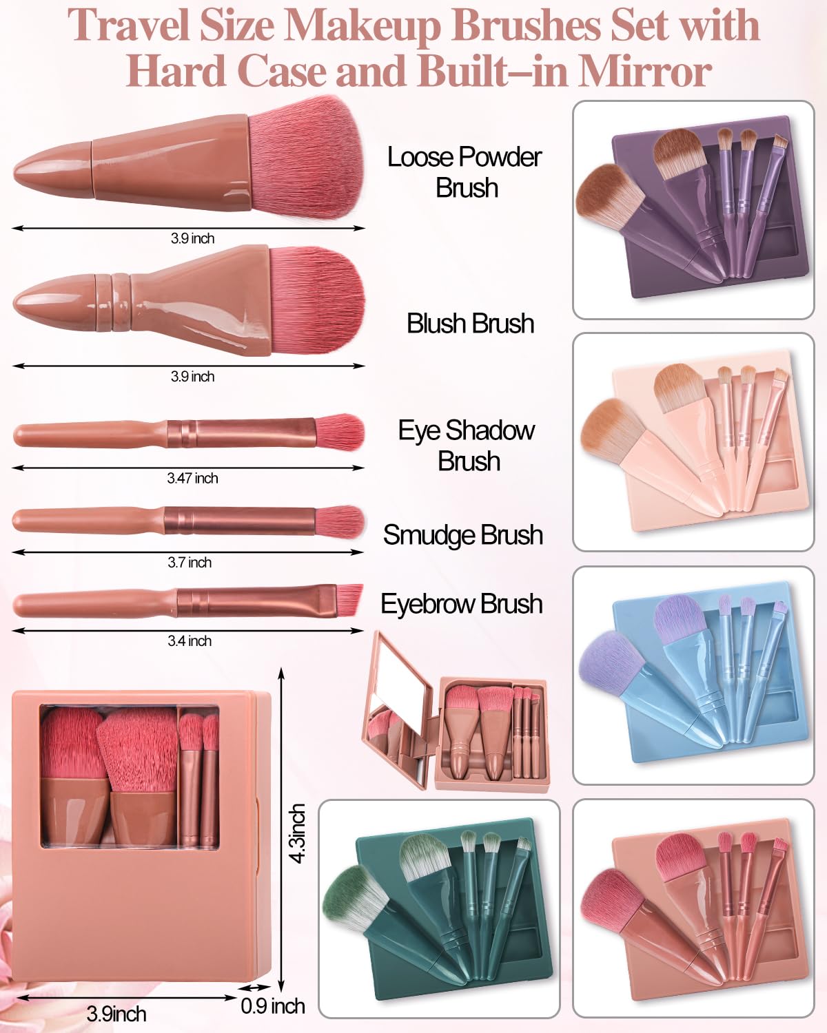 PGRODE Travel Size Makeup Brushes Mini Set including Hard Case and Built-in Mirror, 5Pcs Small Cosmetic Brushes - Image 3