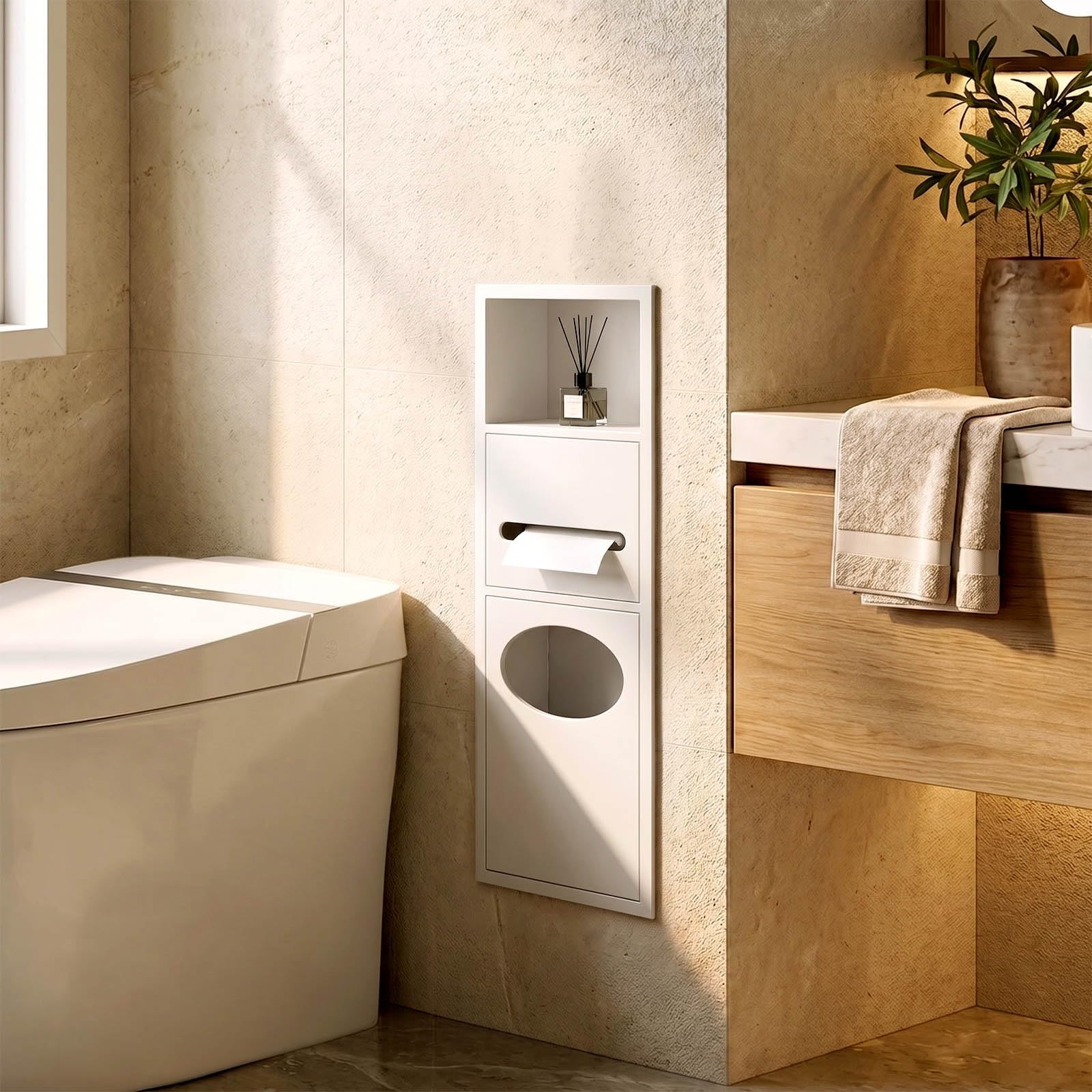 Unterputz WC Papierhalter Edelstahl Wandnische mit Aufbewahrung | Platzsparend Wasserdichter Verdeckter Einbau Mülleimer für Badezimmer Renovierung und kleine(Weiß,63x20x13.5cm)