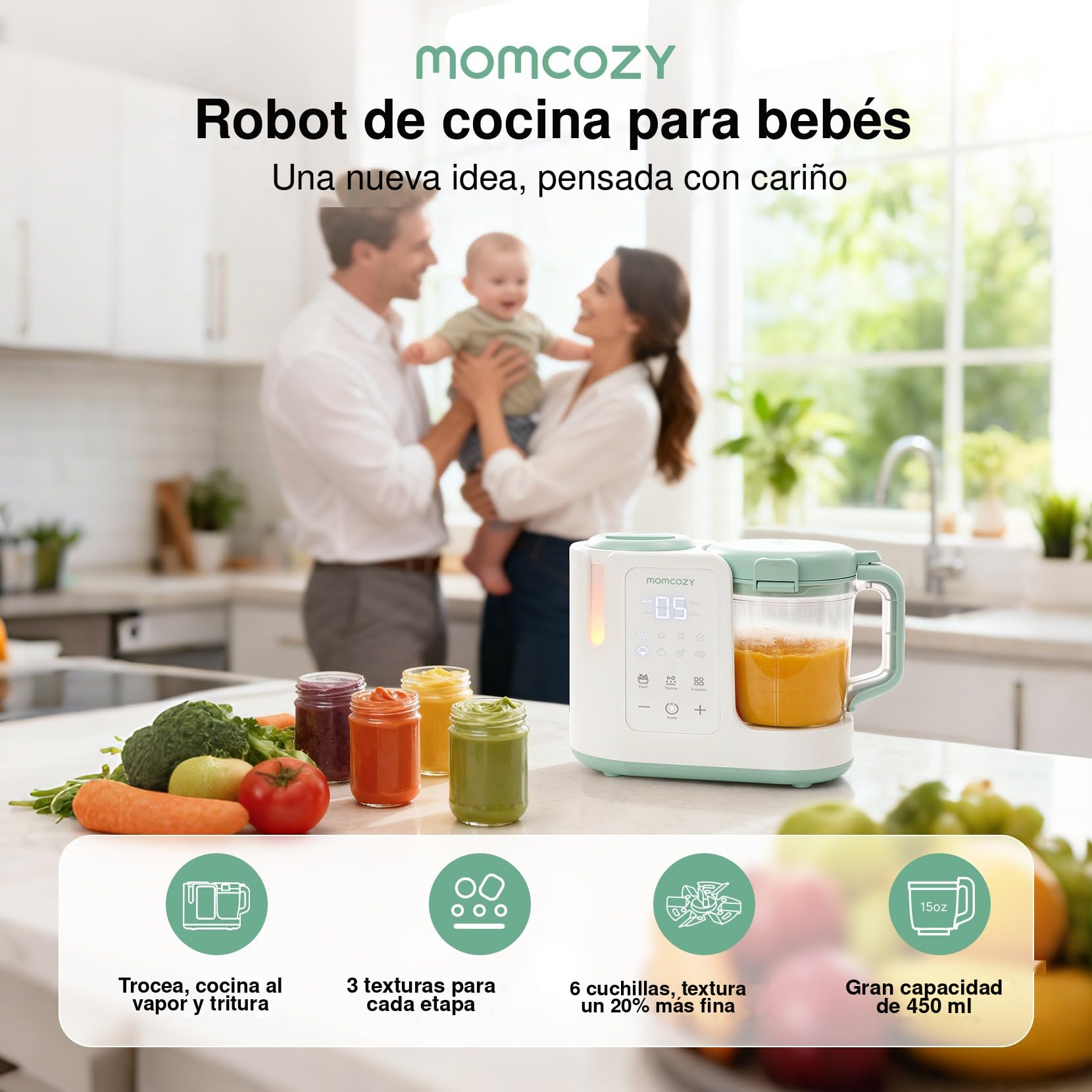 Momcozy Robot Cocina Bebé 4 en 1, Automático con 3 Texturas, 450 ml
