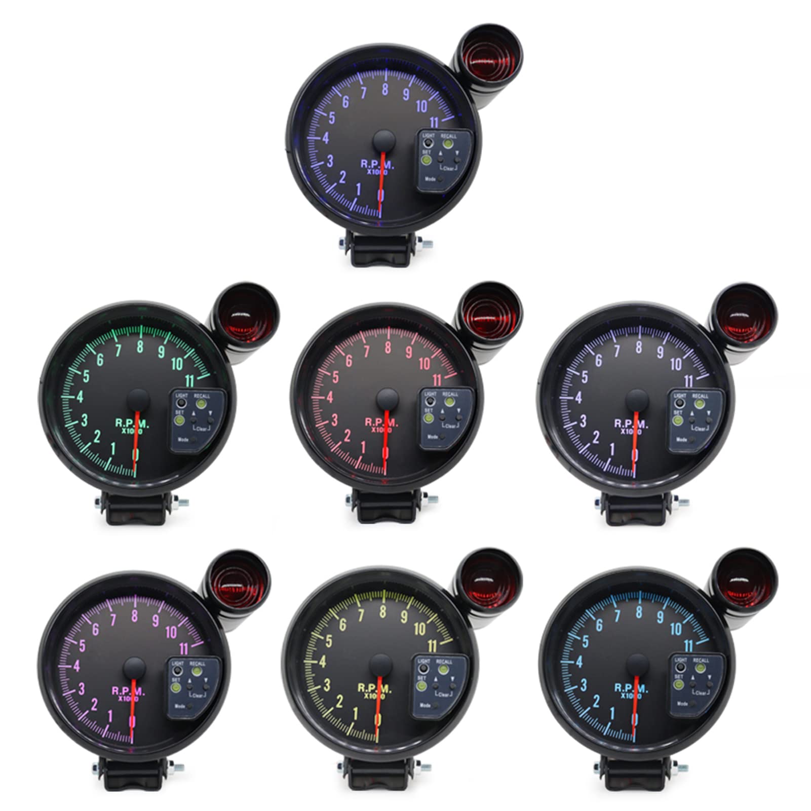 Akozon Tachymètre de 5 Pouces Back-Light Black 7 Colors With Shift Light Peak Sound LED Flash RPM AVERTISSEMENT