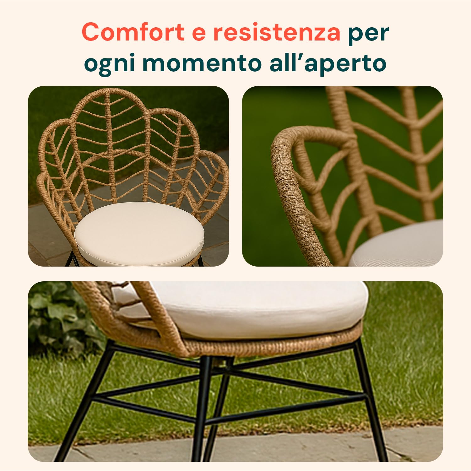 Juego de Mesa y sillas de Exterior de ratán sintético Natural con Estructura de Acero y Mesa con Cristal Templado, Juego de jardín Exterior para balcón, terraza o Patio
