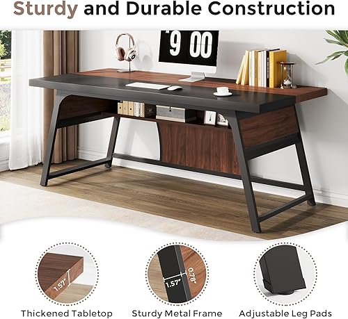 Miniatura 6 de Escritorio de oficina ejecutivo de 63 pulgadas, mesa grande para computadora con marco de metal y estante de almacenamiento, estación de trabajo de