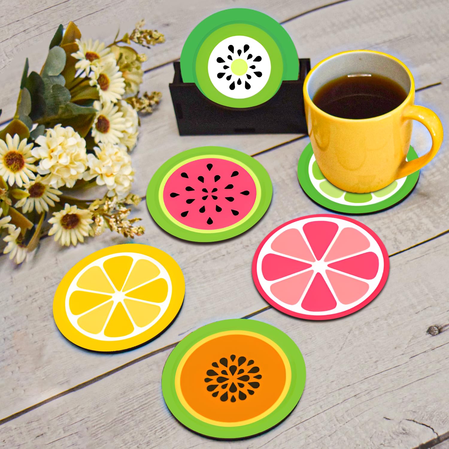 My Creative Hut Tea Coasters Set of 6, Beautiful Design with Stand for Tea Cups, Coffee Mugs, and Glasses, Ideal for Gifting (Fruit Salad)-image-22