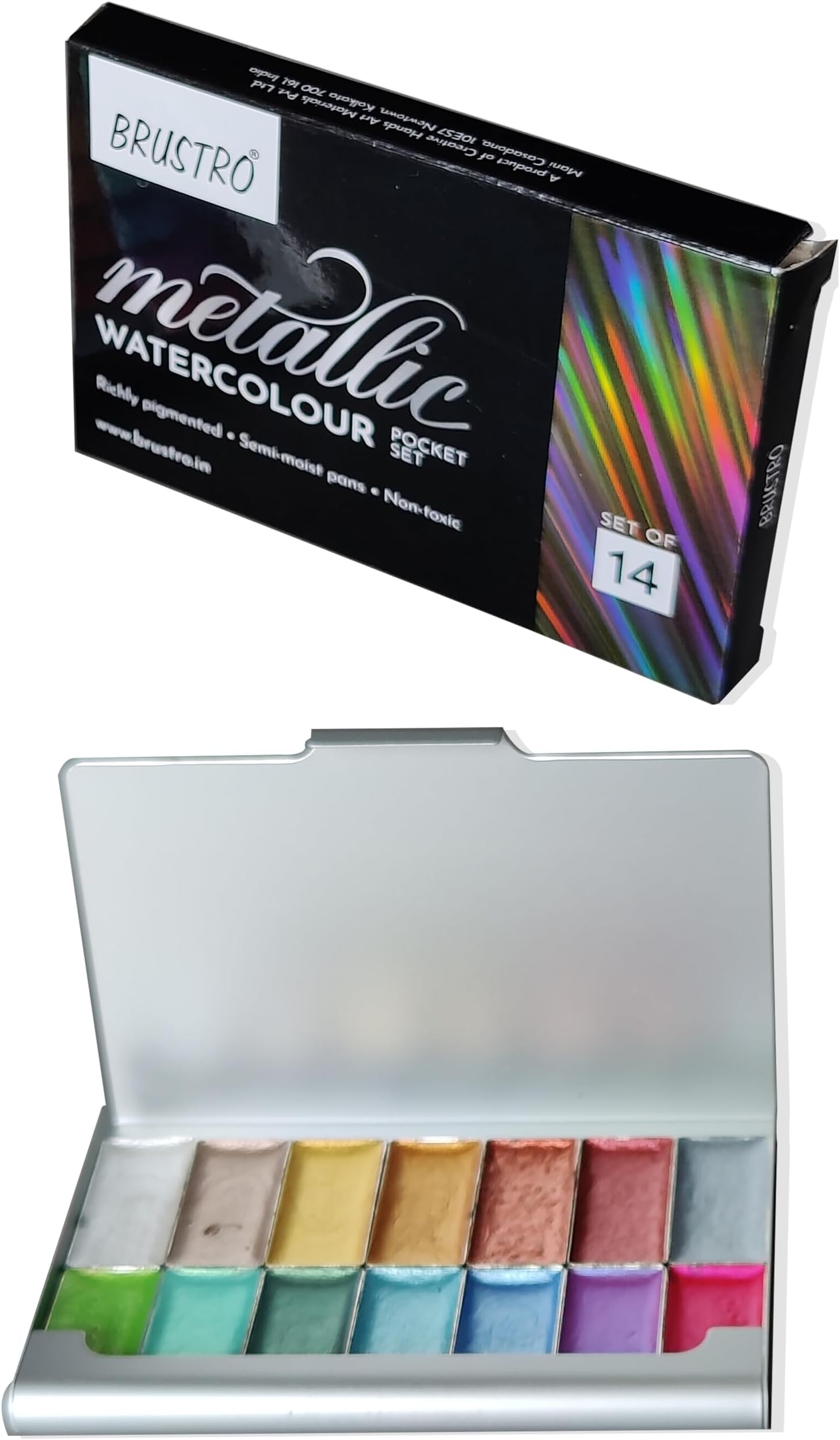 Artists Metallic Watercolour Pocket Set of 14 | Richly Pigmented, Semi Moist Pans, Ideal for Still life, Portrait, Landscape, Watercolour Paintings.