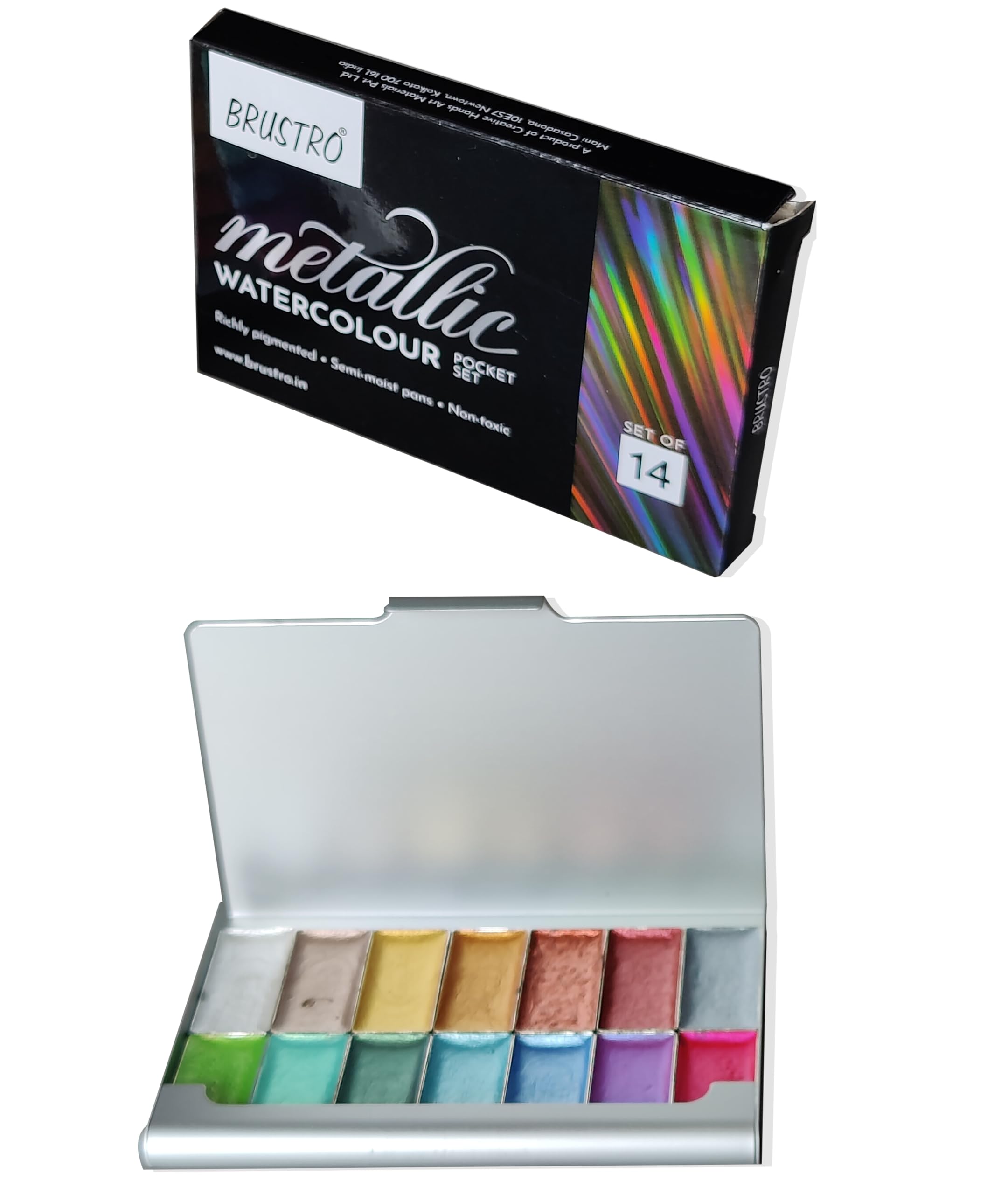 BRUSTRO Artists Metallic Watercolour Pocket Set of 14 | Richly Pigmented, Semi Moist Pans, Ideal for Still life, Portrait, Landscape, Watercolour Paintings.