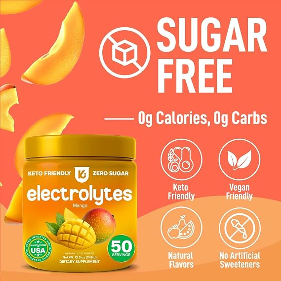 Zero Calorie Electrolytes Powder 0 Calorie Electrolytes for Fasting Mango 12.3oz Tub Electrolytes Zero Sugar & Calorie Free with Magnesium & Trace Minerals Daily Hydration Drink