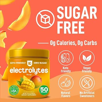 Zero Calorie Electrolytes Powder 0 Calorie Electrolytes for Fasting Mango 12.3oz Tub Electrolytes Zero Sugar & Calorie Free with Magnesium & Trace Minerals Daily Hydration Drink