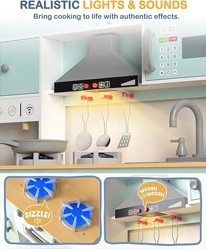 Miniatura 3 de Babytronic Juego de cocina de madera con luces y sonidos para niños a partir de 3 años, incluye estufa, horno, microondas, cafetera y accesorios,