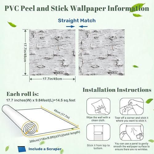 Miniatura 3 de Papel tapiz autoadhesivo de 17.7 x 118.1 pulgadas, textura de corteza de abedul blanco, nudos naturales, decoración de pared horizontal, papel de