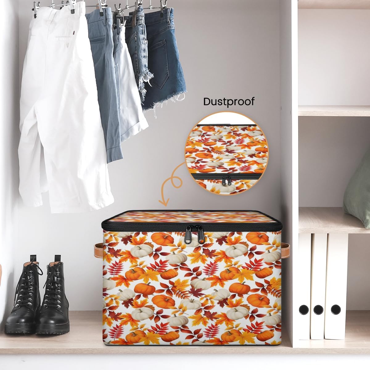 Storage Bin Set of 2 Pumpkin Marble Leaf Storage Basket with Zipper Lid & Handle Foldable Closet Shelf 2 Pack Cloth Organizer Basket Cube Bins Clothes Organizer for Bedroom, Nursery