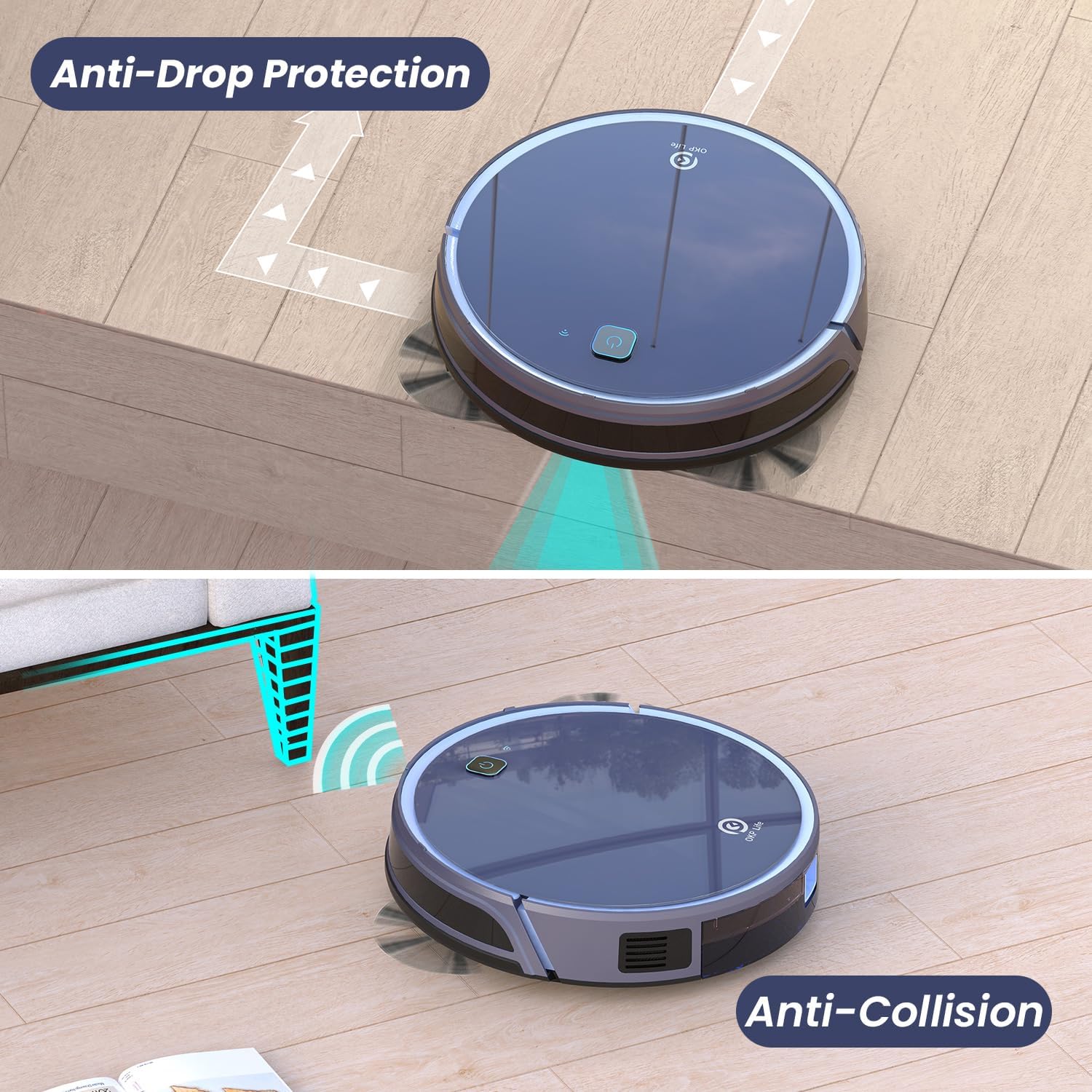OKP K7 Robot Vacuum Cleaner demonstrating anti-drop protection near a ledge and anti-collision near furniture.
