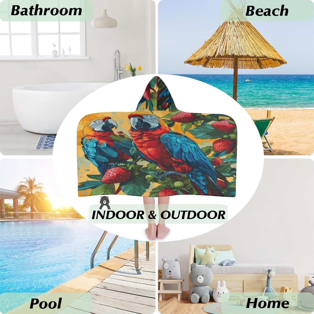 Pardick Kids Bath Towel Parrot Strawberry Beach Towel with Hood Pool Cover Up for Girls Boys Soft Absorbent Hooded Bath Towel Toddler Towels for Beach, Pool