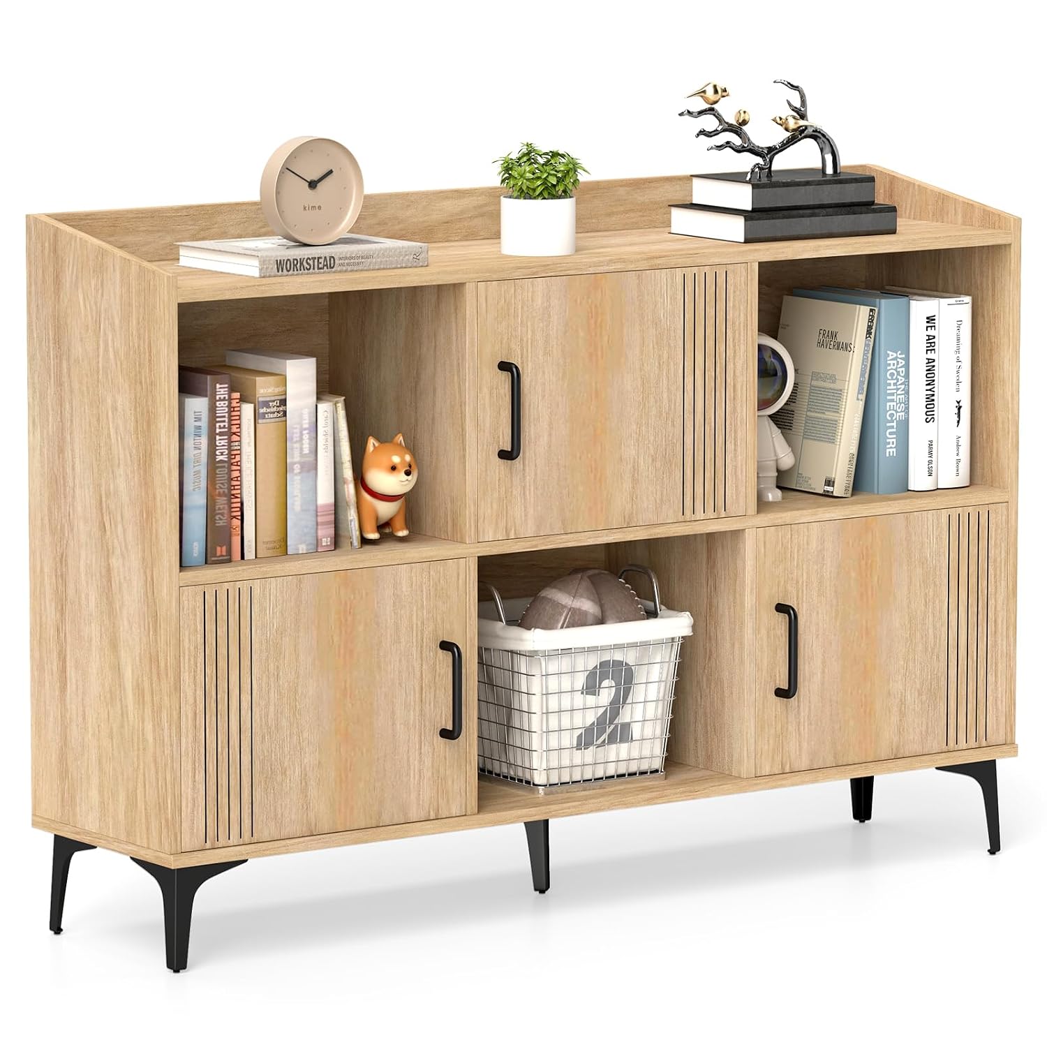 LOKO 47” Wide Storage Cabinet, Large Bookcase with 3 Door Cabinets & Open Shelves, Wood Buffet Cabinet, Sideboard with Anti-tip Kits, Freestanding Storage Cabinet for Living Room, Dining Room