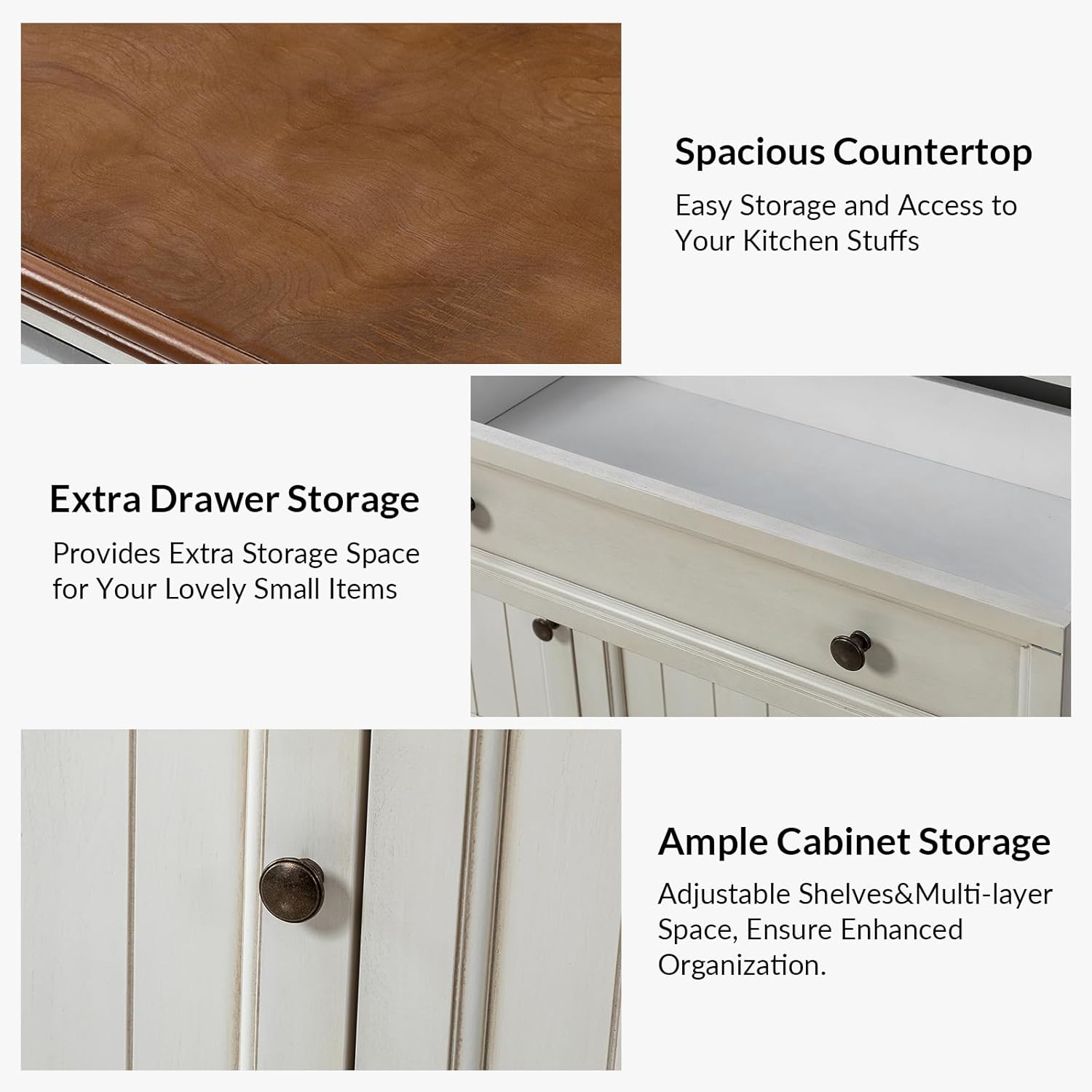 HULALA HOME Modern Farmhouse Sideboard with Chic Channel Tufting, 58" Kitchen Buffet Cabinet - 4 Gold Metal Handles & Chic Channel Design, Entryway Storage for Apartments (White)