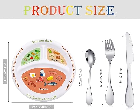 Eaasty 4 Pcs Bariatric Portion Control Plate with Stainless Steel Utensils