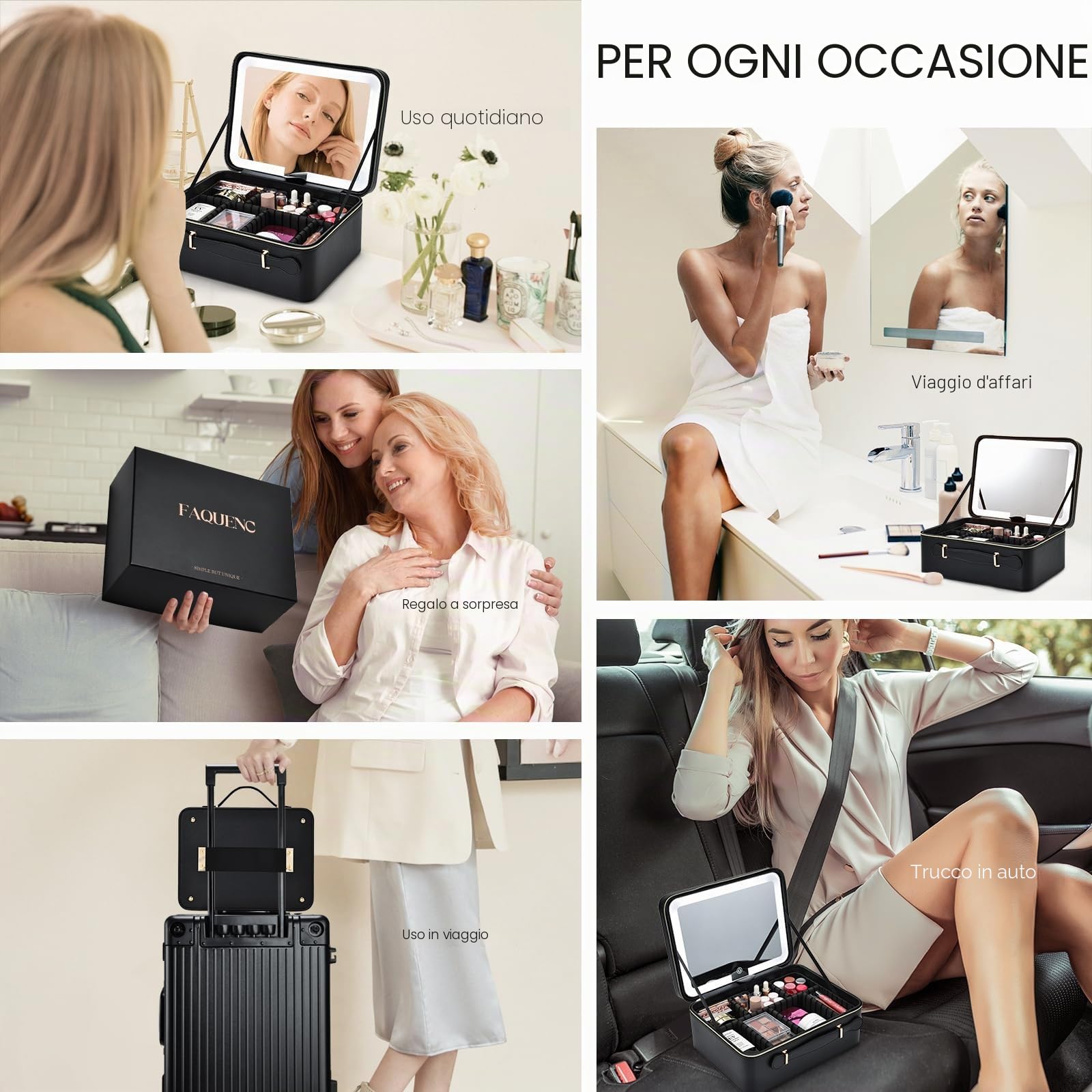 Grande custodia per trucco con specchio a LED Vanity Case rimovibile con specchio luminoso in pelle PU portatile Makeup Artist Carry Vanity Box con divisori porta pennelli da trucco, nero